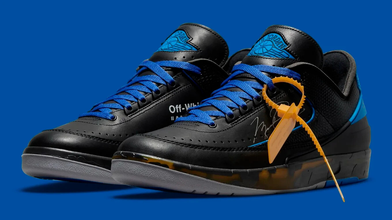 Off White x Nike Air Jordan 2 Low "Black and Varsity Royal" Uomo Taglia 6 5