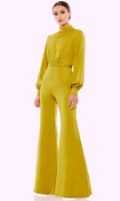 Mac Duggal Chartreuse Long Sleeve Flare Leg Satin Jumpsuit Size 0 $398