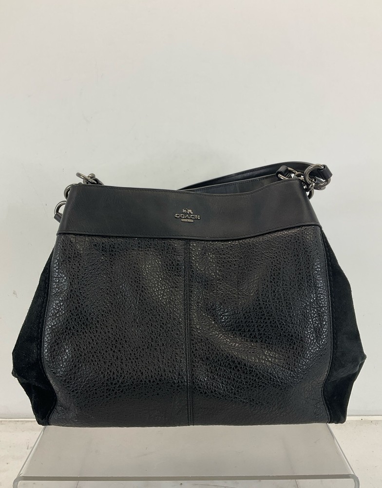 Coach Black Pebbled Leather & Suede Zip/Snap Multi Compartment Shoulder Bag