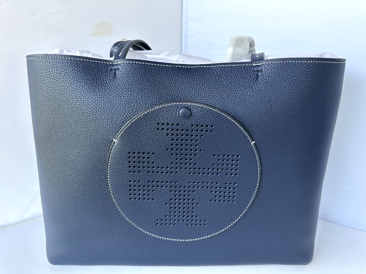 New Tory Burch Perforated Tote Blue Bag Logo Shoulder Handbag