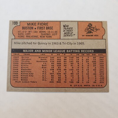MIKE FIORE 1972 Topps Baseball card #199 Boston Red Sox EX/EX+ | eBay