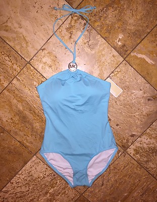 Nwt Michael Kors Mk Logo Anhänger Türkis Einteilig Badeanzug Neckholder Damen