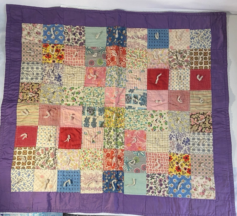 Manta sentada vintage hecha a mano con retazos con borde púrpura 32 X 29 pulgadas Foto 2 de 4