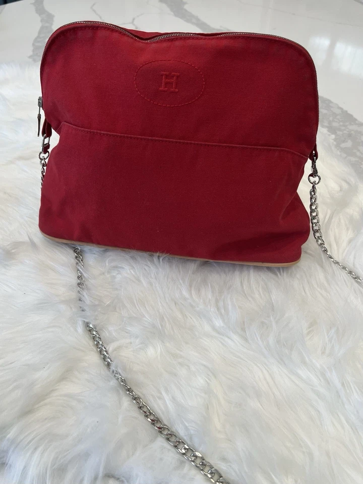 Auténtico Bolso de Cosméticos HERMES Bólido Bolso Cartera Lona Rojo De Colección con Cadena Foto 3 de 4