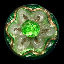 VERY Unique Antique Enamel and Glowing Green Glass Button
