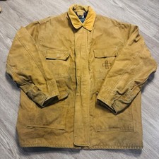 Vintage Made in USA Tan Canvas Barn Jacket Corduroy Collar Totem Embroidery XL