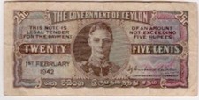 Ceylon 25 Cents 1942 King George VI Note P-39 Sri Lanka Currency F