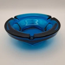 Vintage MCM Blue Glass 3 Slot Heavy Hexagon Bottom Ashtray Makeup Art Brushes