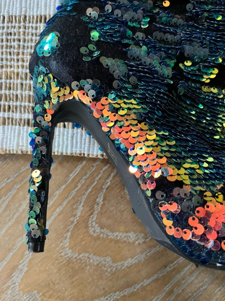 Botas de lentejuelas altas Liliana-Calf para mujer 7 estilete elástico maximalismo Mcbling Foto 2 de 4