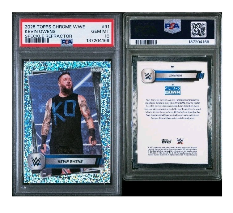 2025 Topps Chrome WWE Kevin Owens #91 PSA 10 Speckle Refractor 143/299 view 3