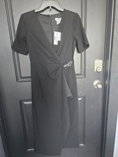 DKNY Black Wrap Dress Size 10 Short Sleeve Midi Sheath Cocktail Work NWT $138