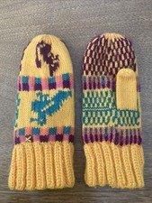 Vintage Children  s Mittens Appear Hand Knit Wool Blend Fair Isle Yellow Burgundy