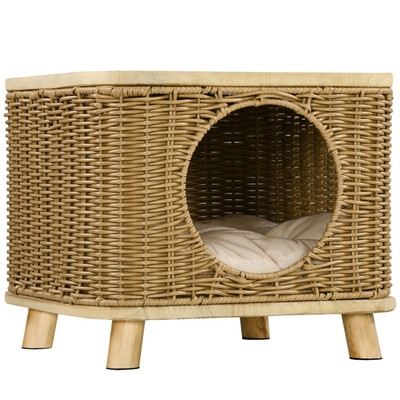PawHut erhöhtes Design Katzenhaus aus Korbgeflecht mit waschbarem Kissen, hellbraun