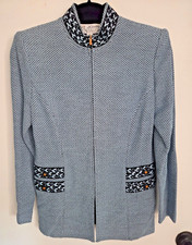 St. John Collection Marie Gray Ocean Blue/Black Zip Up Knit Jacket NWT Size 2