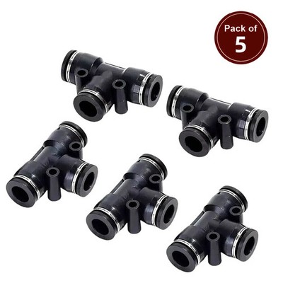 Push To Connect Hose Fittings Tee Union For 1/2'' OD Air Line Tubing Black 5Pcs