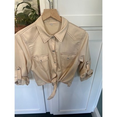 Tan Western Tie Front Pearl Snap Up Shirt S Cotton Sexy Cowgirl Style Vintage