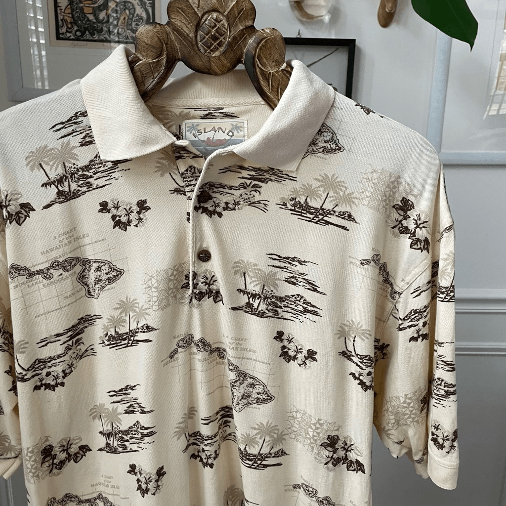 Vintage 90s Island Fever Hawaiian Islands Novelty Print Polo L
