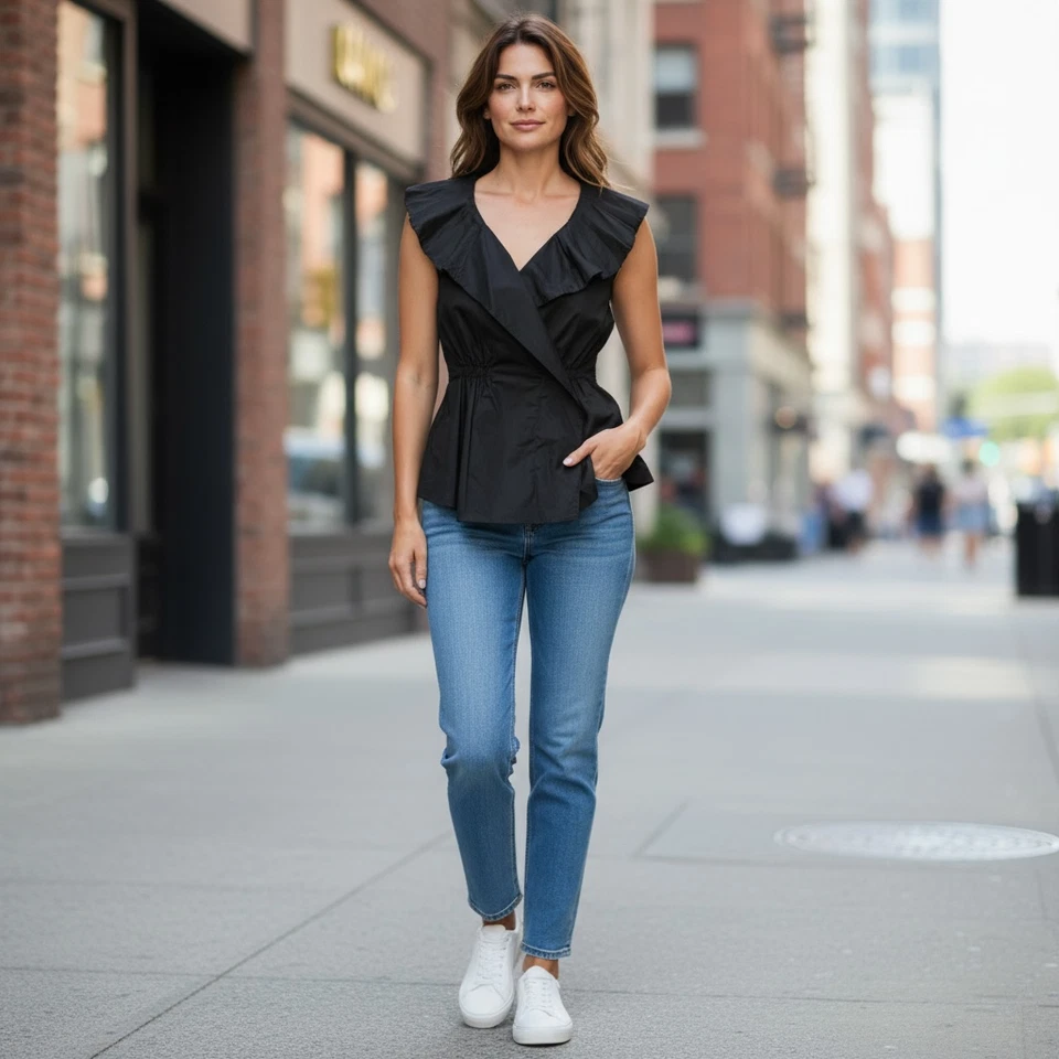 Nuevo con etiquetas Top Twenty One sin mangas con volantes cuello en V imitación envolvente talla S negro 167A Foto 3 de 4