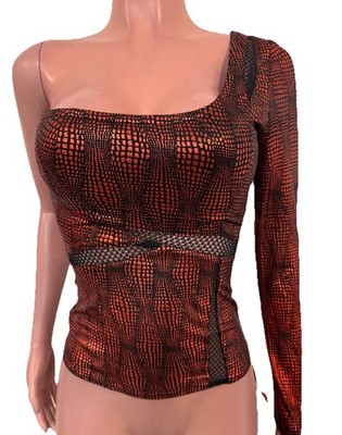 Y2K Baddie Red One Shoulder Fitted Going Out Top Edgy Mesh Inserts Pu Moto New
