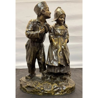 Joseph D'Aste Antique Bronze Statue Dutch Boy Girl Children Whispering Sculpture