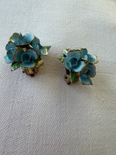 Vintage Emaille Blumen Clip Ohrringe Blau Grün 50er 60er Jahre