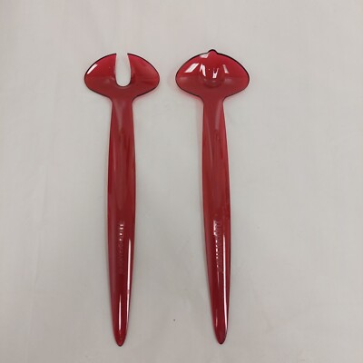 Tupperware Salad Server Set Fork Spoon Clear Red Acrylic mid century modern 