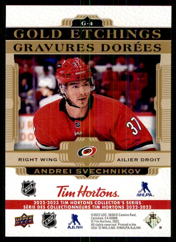 2022-23 Upper Deck Tim Hortons Gold Etchings Andrei Svechnikov Carolina - Image 2 of 2
