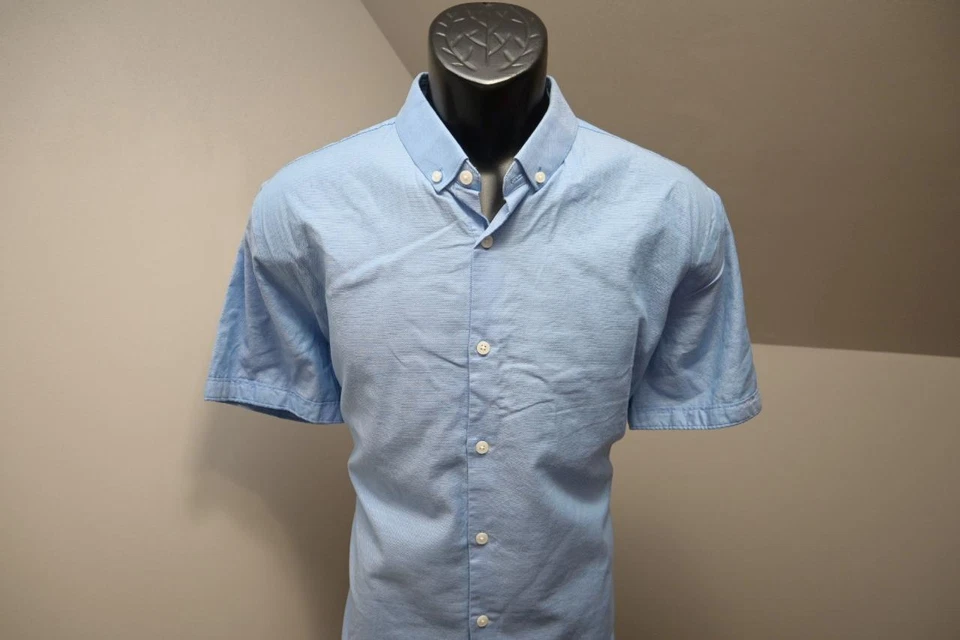 Express 1MX Dress Shirt Fitted Stretch Blue Short Sleeve Mens Sz Large - Image 2 of 4