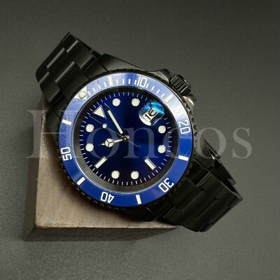 Custom Made SUB Style Watch SKX NH35 Movement Blue Dial BL/WT Bezel Black Oyster