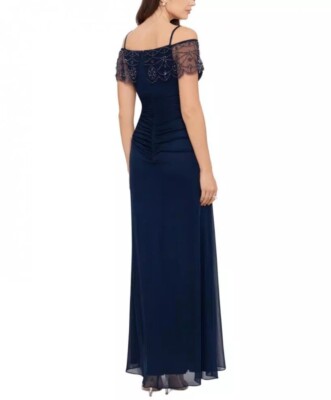 X by Xscape Womens Mesh Embellished Evening Dress Navy 8