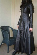 Women Long Black Leather Dress Gown Suit Gothic Trench Coat - Halloween Special