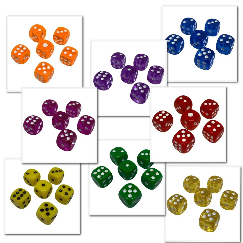 6 Würfel / Dice Cube 12mm Grün Gelb Rot Orange Lila Blau Pink Party Spiel