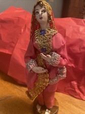 Vintage Cloth Indian Doll Handmade Wooden Base 10.5  Tall Pink Gold Silver
