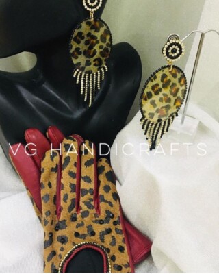 Genuine Leather Leopard Gloves, Crystal Red Gloves With Leopard Earrings