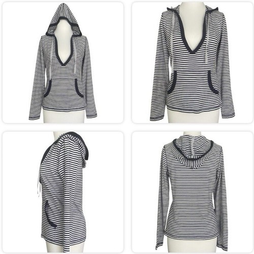 Ann Taylor LOFT Women's Blue White Striped Lightweight Hooded Sweatshirt Size S