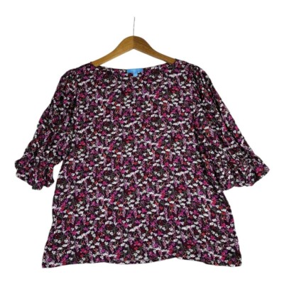 New Draper James Floral Print Cinched Elbow Top size Large Purple Plum