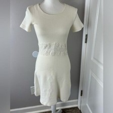 SANDRO Ivory Knit Fit Flare Dress With Lace Mid Detail EUC Size 1 - US Small