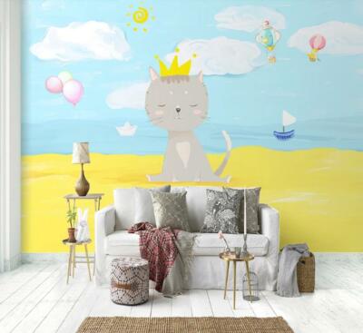 3D Cartoon Cat With Crown 470NA Wallpaper Wall Mural Removable Self-adhesive Fay