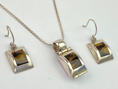 STERLING SILVER 950 SET Necklace Pierced Drop Earrings Tiger's Eye 9.8g