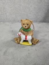 Vintage Ceramic Bear Holding Rocking Horse  Toy 3.5" Christmas Ornament 