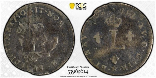 USA Colonial / French Noth American Colonies 1750-H Sou M PCGS VF Details RARE