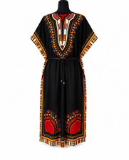 Women’s Black Geometric Kaftan Long Dress Drawstring Waist One Size