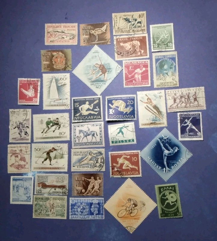 32 VINTAGE OLYMPIC SPORTS STAMPS , FROM AROUND THE WORLD 1940-1950,M,H,U