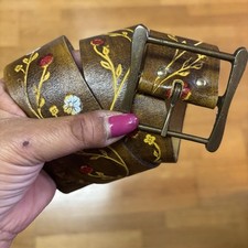 Vtg Genuine Cow Leather Hand Painted Coastal Cowgirl Western Boho Waist Belt S