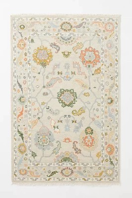 Hand Knotted Oushak Rug Ivory Multi Turkish Wool Area Rug Vintage