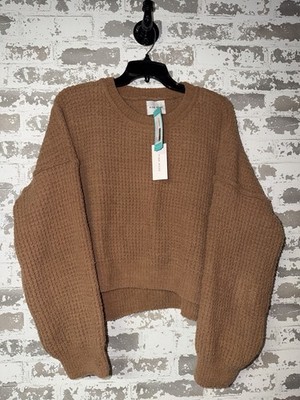 NWT! Pink Rose Loretta Crew Neck Waffle Sweater - Tan Size Large