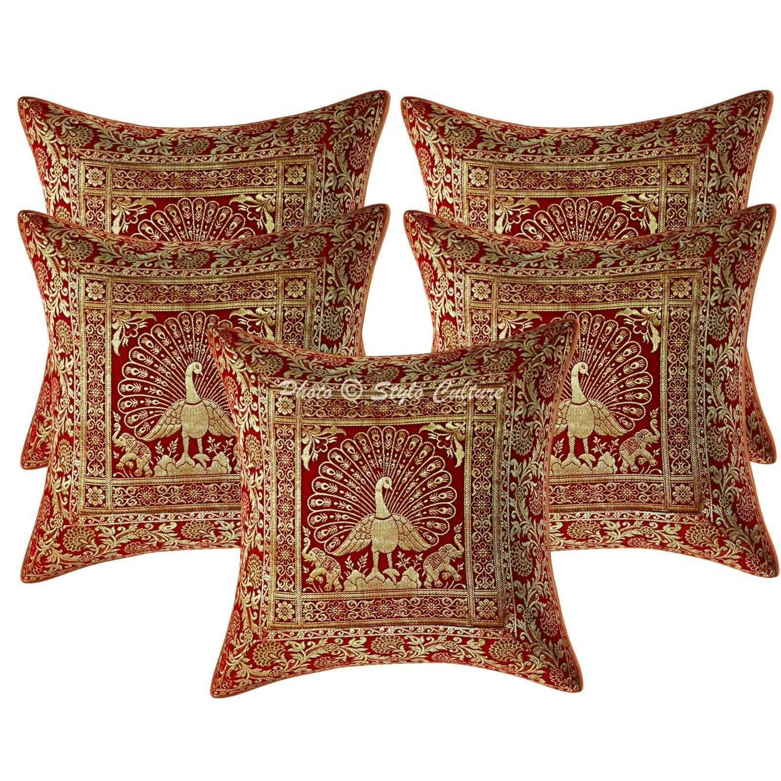 Decorative Throw Pillow Covers 16x16 Brocade Red Peacock Bohemian 40x40 cm