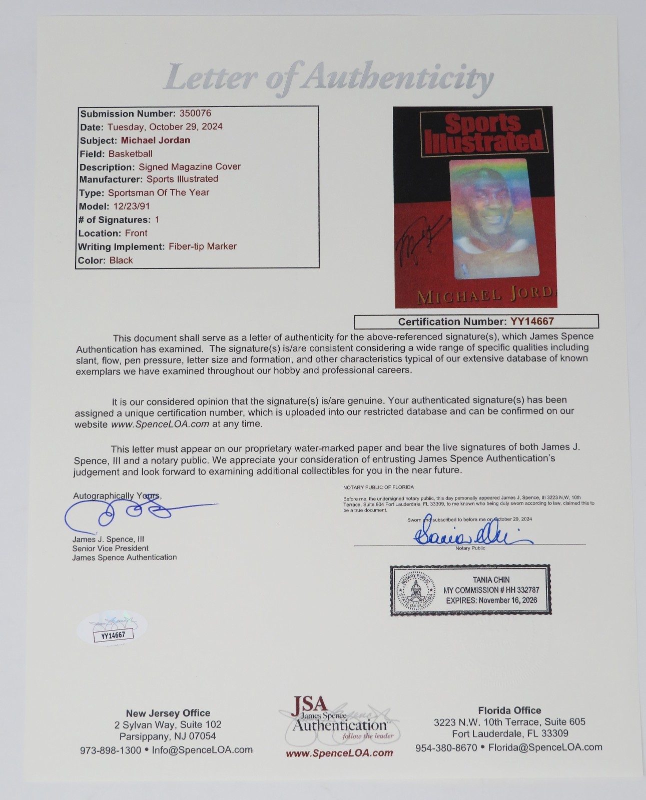 Michael Jordan HOF Signed Auto Sports Illustrated Magazine Cover 91 Hologram PSA view 3