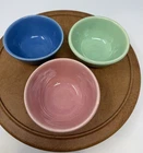 Vintage 3 Four Inch Beehive Bauer Pottery Bowls Blue, Pale Green and Pink