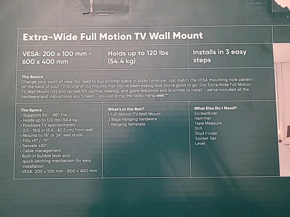 Montaje de TV de movimiento completo ONN | Giratorios e inclinaciones | Se adapta a 50-86 pulgadas | No faltan piezas Foto 3 de 4